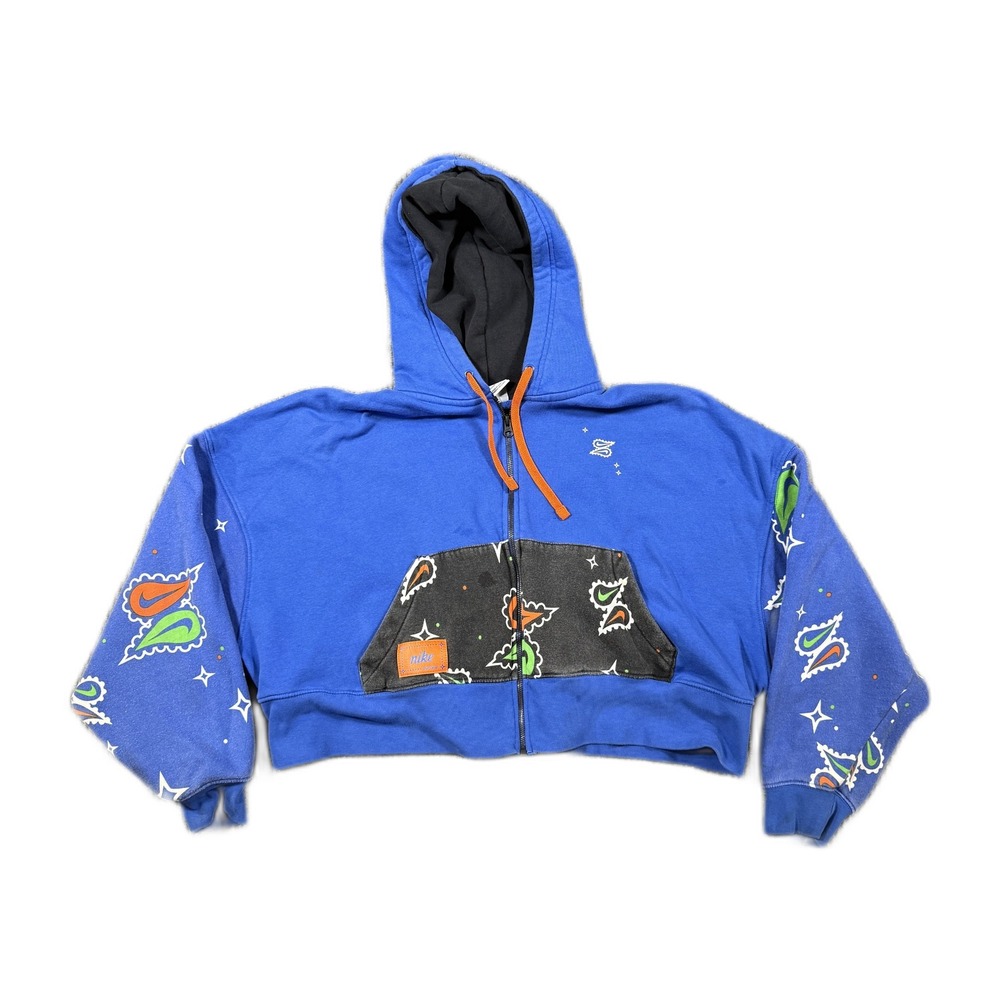 Nike Sportswear Paisley Bandana Full Zip Cropped Hoodie Blue Womens Medium Flaw